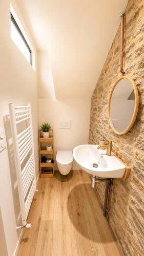 a bathroom with a sink and a mirror at Chambres d'Hôtes du Manoir du Haut Salmon in Saint Malo