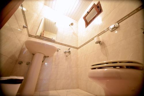 uma casa de banho com um WC, um espelho e um lavatório. em Hotel Lilian em Porto Iguaçu