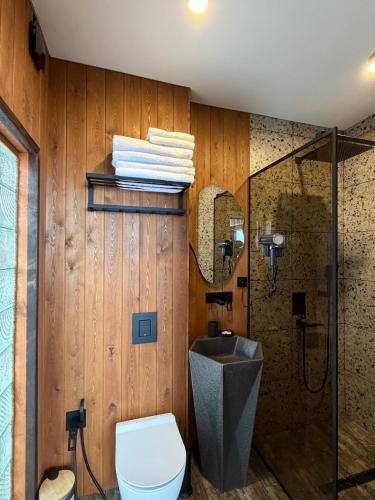 a bathroom with a toilet and a shower at Bruno House in Almaty
