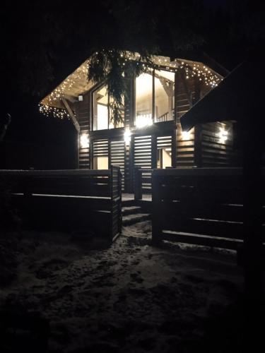 a house lit up at night with lights at Котедж Арпад in Synevyr
