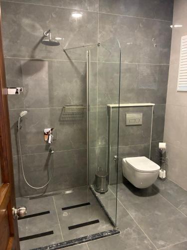 a bathroom with a glass shower with a toilet at Kleo Cottages in Kalkan