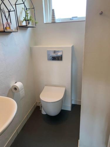 a bathroom with a white toilet and a sink at Beautiful bright summer cottage in Skovbyballe