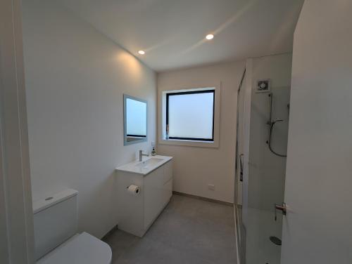 a bathroom with a toilet sink and a shower at Gumlands Retreat in Auckland