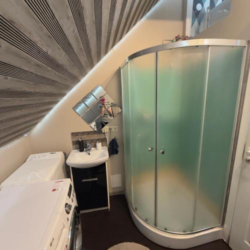 a bathroom with a glass shower and a sink at Vadim Home 2 in Ventspils