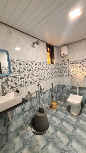 a bathroom with a sink and a toilet at Beach and Hills Resort Diveager in Kārle
