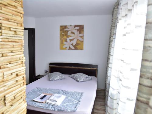 a bedroom with a bed and a picture on the wall at Pensiunea Dely_Cios in Vălenii de Munte