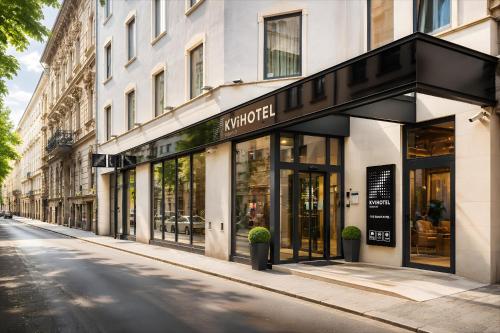 a store front of a building on a street at KVi Hotel Budapest - the smart hotel in Budapest