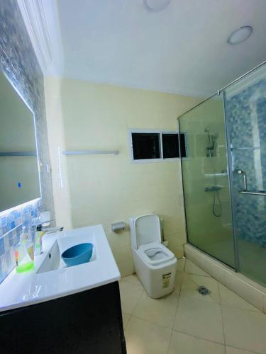 a bathroom with a sink and a toilet and a shower at Unique luxury duplex in Lekki