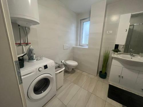 a white bathroom with a washing machine and a sink at Janez house in Metlika