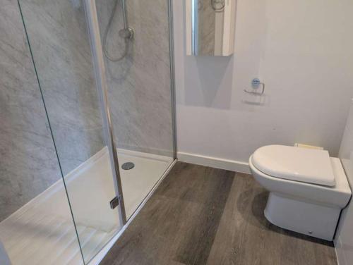 a bathroom with a toilet and a glass shower at Coastguard cafe room 2 in Hastings