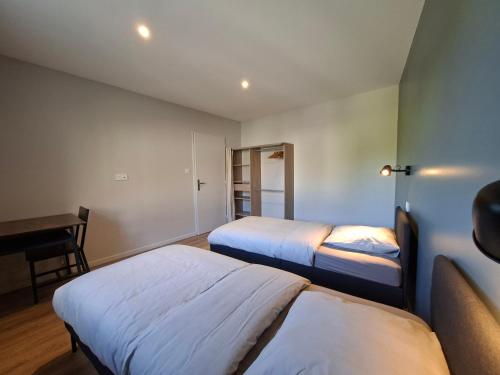 a hotel room with two beds and a desk at Maison du Bord du Rhône in Saint-Pierre-de-Boeuf