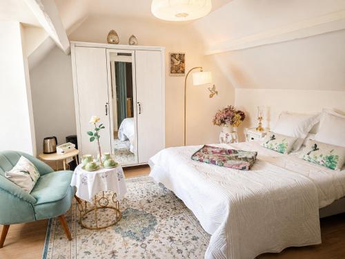 a bedroom with a bed and a chair and a mirror at Les oiseaux de passage - chambre d hôtes, paisible in Gaillon