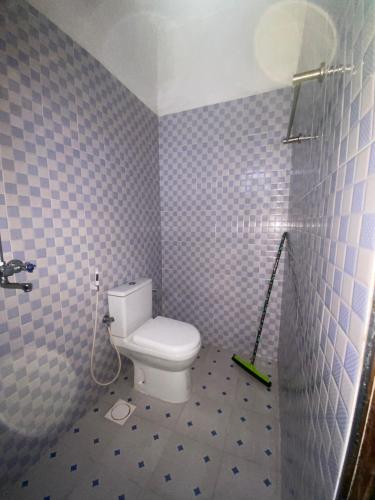 a bathroom with a toilet and a mop at Simai house in Nungwi