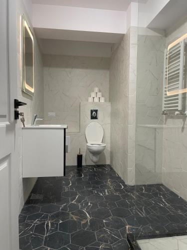 a bathroom with a toilet and a sink at Soho Studio Fial in Bacău