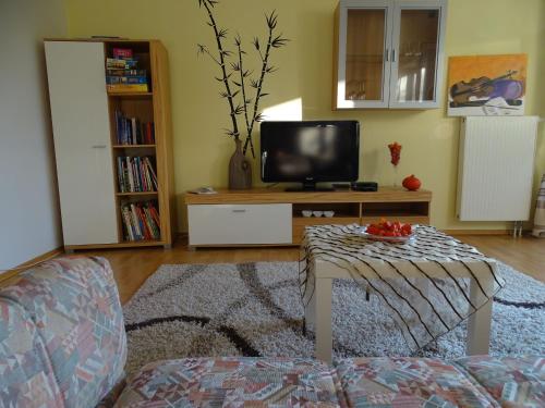 a living room with a tv and a table at Ferienwohnung findus in Haldenwang