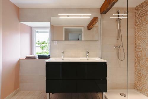 a bathroom with a black sink and a shower at Gîte Les Bougrines - Marais in Fontaines