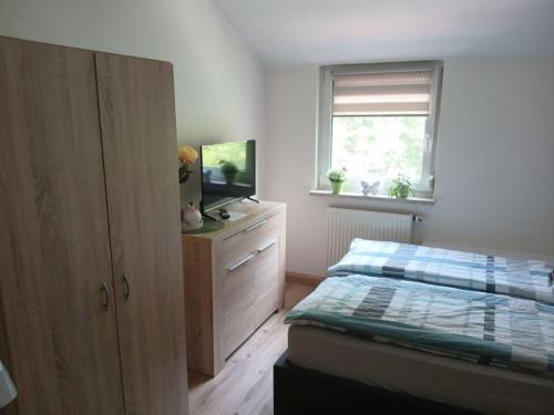 a bedroom with a bed and a television on a dresser at Ferienwohnung Vögnitz in Sulzheim