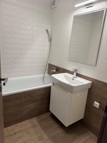a bathroom with a sink and a bath tub with a mirror at Apartman David Topoľčany in Topoľčany