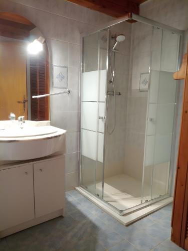 a bathroom with a shower and a sink at La Fée Du Val - Gite En Ardèche in Rosières