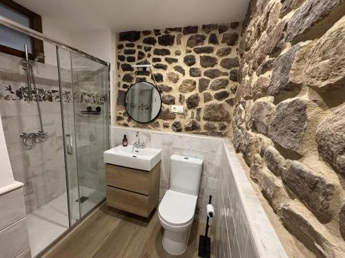 a bathroom with a toilet and a sink and a shower at Casa Dulcinea en Brañosera Montaña Palentina. in Brañosera