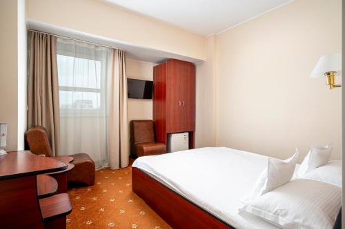 a bedroom with a bed and a desk and a chair at Hotel Egreta in Tulcea