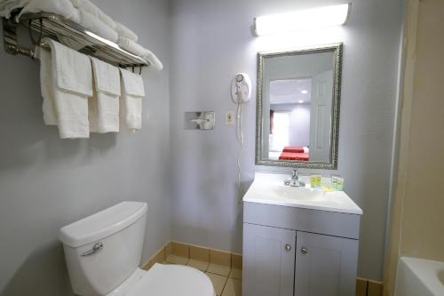 a bathroom with a toilet and a sink and a mirror at M Star Hotel Searcy in Searcy