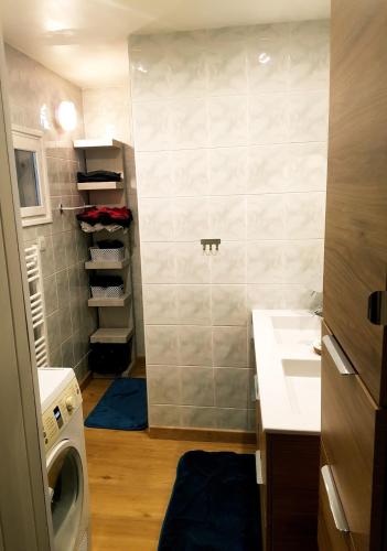 a small bathroom with a sink and a washing machine at La Belle Tençoise in Tence