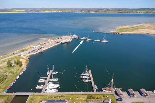 an aerial view of a marina with boats in the water at Hausboot Lydia in Gager in Gager