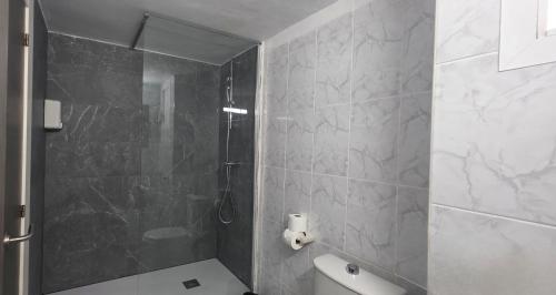 a bathroom with a shower and a toilet in it at Hotel Teide in El Arenal