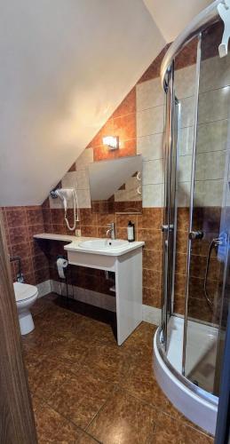 a bathroom with a sink and a shower and a toilet at Pokoje Gościnne Leśna 33 in Sława