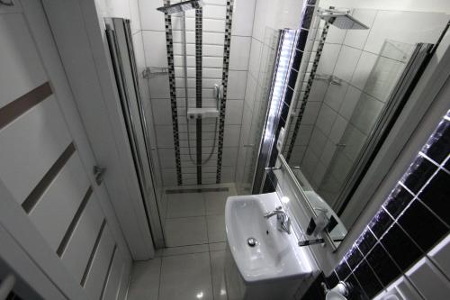 a bathroom with a sink and a shower at Modern in Zgorzelec