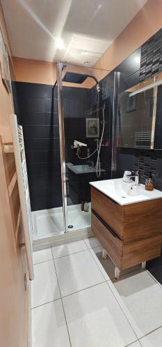 a bathroom with a sink and a shower at logement ensoleillé in Cardet