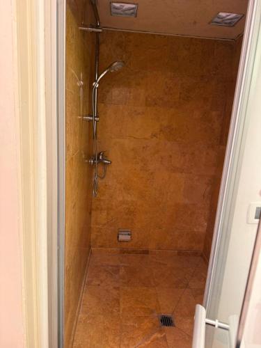 a shower with a shower head in a bathroom at Centro - doppia in casa d'artista in Turin