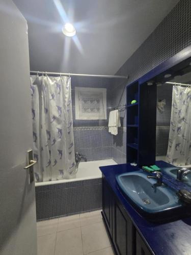 a bathroom with a blue sink and a shower at Duplex Marina Monastir in Monastir