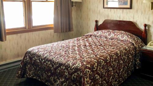 a bedroom with a bed with a comforter and two windows at Pleasant Valley Motel West Stockbridge in West Stockbridge