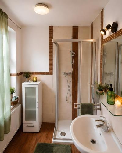 a bathroom with a shower and a sink and a tub at Villa Verde in Flensburg
