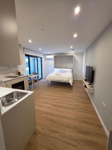 a bedroom with a bed and a sink in a room at Brand New - Studio Apartment - Self Catering in Gibraltar