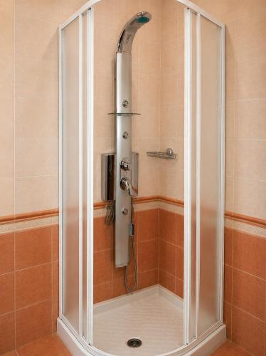 a shower with a glass door in a bathroom at Villa Georgia in Vitsa