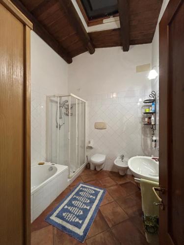 a bathroom with a tub and a toilet and a sink at Grande appartamento in casale ristrutturato in Santa Domenica