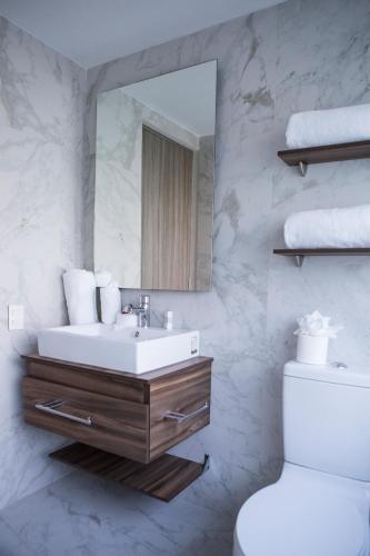 a bathroom with a sink and a mirror and a toilet at Suites Rio Elba in Mexico City
