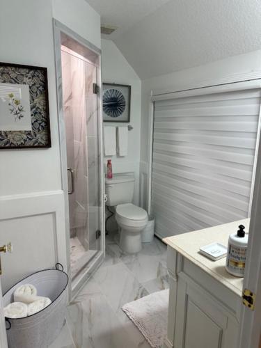 a white bathroom with a toilet and a shower at Deluxe Farm Studio Apt with Pool View in Alachua