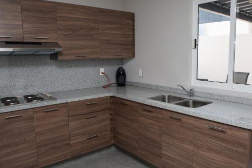 a kitchen with wooden cabinets and a sink and a window at Suites Rio Elba in Mexico City