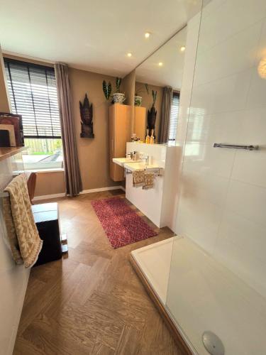 a bathroom with a shower and a sink and a mirror at Villa Oasis in Lelystad