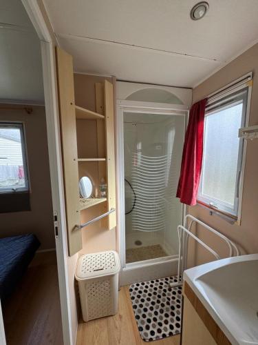 a small bathroom with a shower and a sink at Casa da Agueira AC1 in Pataias
