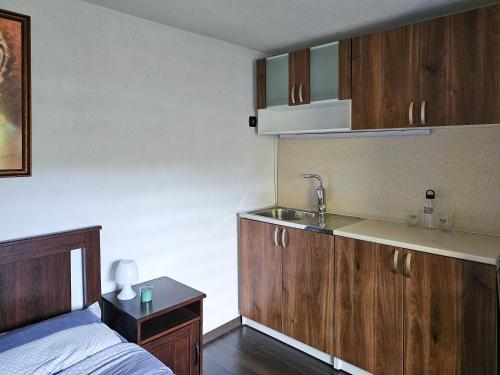 a kitchen with wooden cabinets and a sink in a room at Вила ОРЕХИТЕ in Dupnitsa