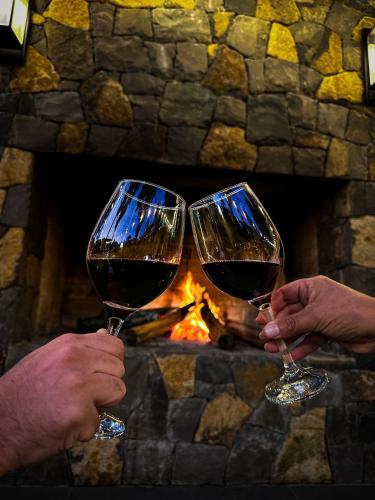 two people holding wine glasses in front of a fireplace at Hotel Recanto da Serra in Gramado
