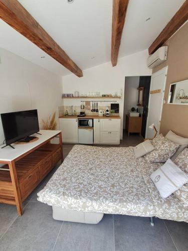 a living room with a bed and a kitchen at Chez Diane et Bruno in Pernes-les-Fontaines