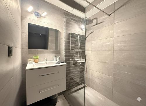 a bathroom with a sink and a shower with a tv at Le Domi Hyper Centre Proche Cols Stations in Saint-Jean-de-Maurienne