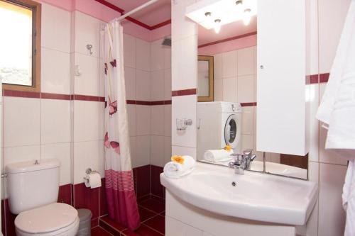 a bathroom with a white toilet and a sink at Emilia's Guest House with Sea View Balcony, Stoupa in Stoupa
