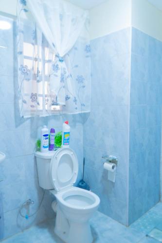 a bathroom with a white toilet in a blue tiled room at Benson waweru APPARTMENT in Kakamega